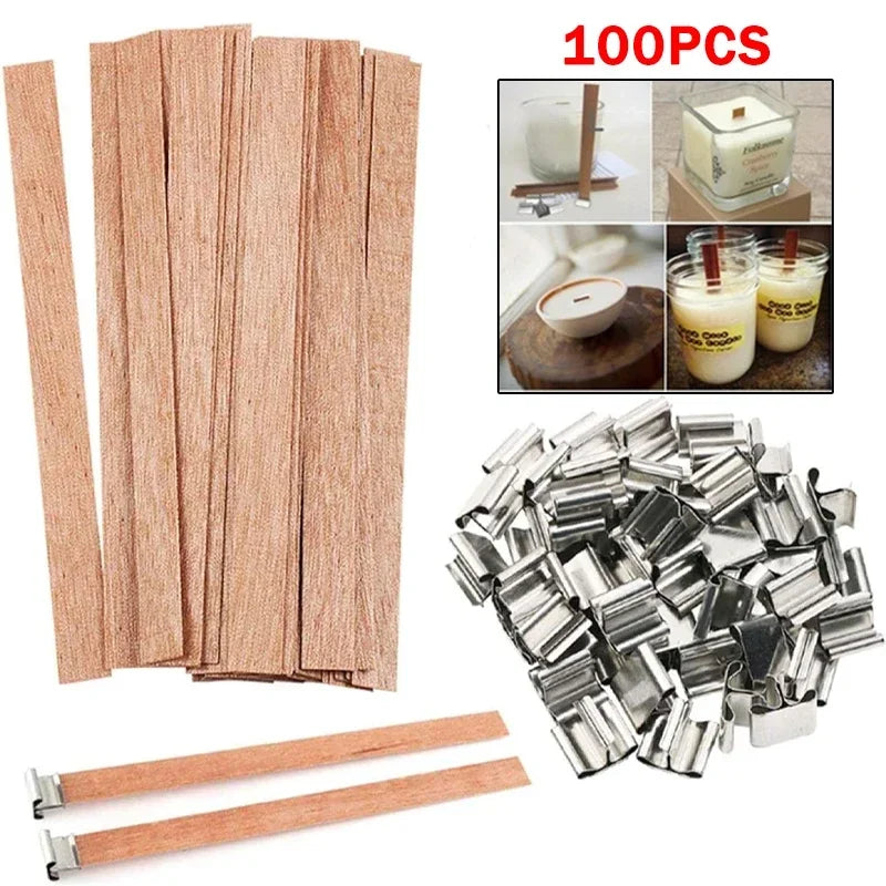 Wooden Candle Wicks Flat Candle Wooden Iron Stand Candle Cores with Base Holder for Handmade DIY Candle Making Craft-Serilas