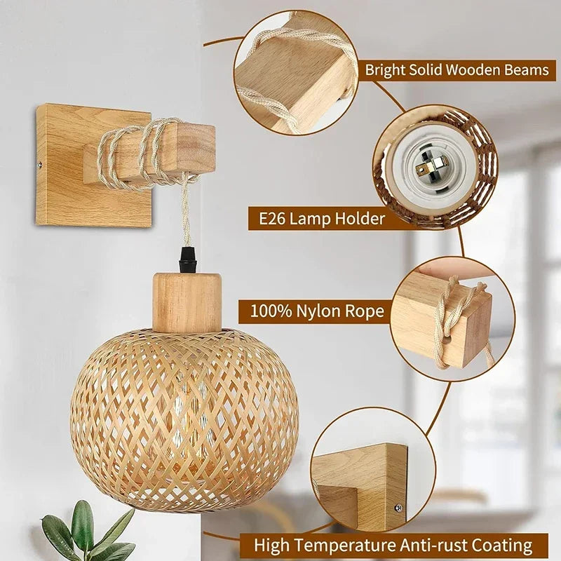 Bamboo Lantern Wall Lamp Natural Rattan Wicker E27 Chandeliers Hand-Woven Bamboo Room Decor Lampshades Wall Light Fixtures-Serilas