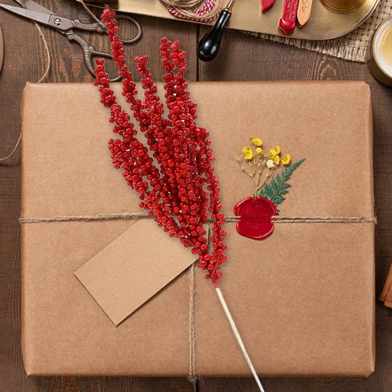 New Christmas Red Berries Branch Artificial Holly Berry Stamen Flowers Wreath for Xmas Tree Ornaments New Year Party Home Decor-Serilas