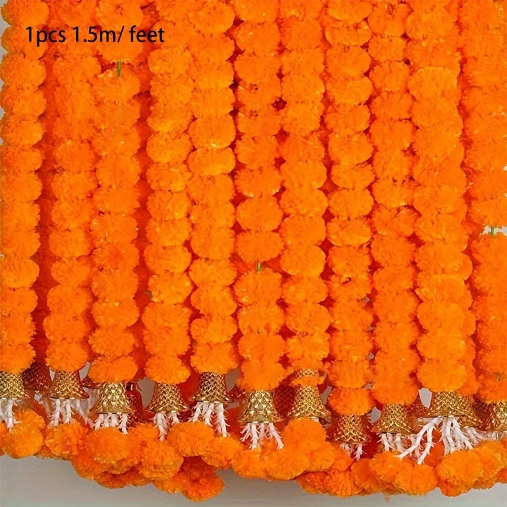 Marigold Flower Garlands 1.5m Artificial Flower Garland Indian DécorPooja Diwali Fiesta Day of The Dead Christmas Events Decor-Serilas