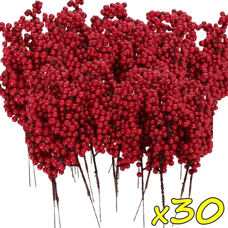 Christmas Red Berries Branch  Artificial Holly Berry Stamen Wreath DIY Foam Fake Flower Ornaments for Xmas Tree Party Home Decor-Serilas