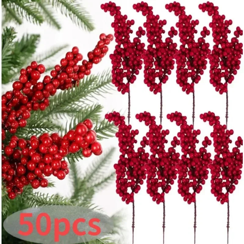 Christmas Red Berries Branch  Artificial Holly Berry Stamen Wreath DIY Foam Fake Flower Ornaments for Xmas Tree Party Home Decor-Serilas