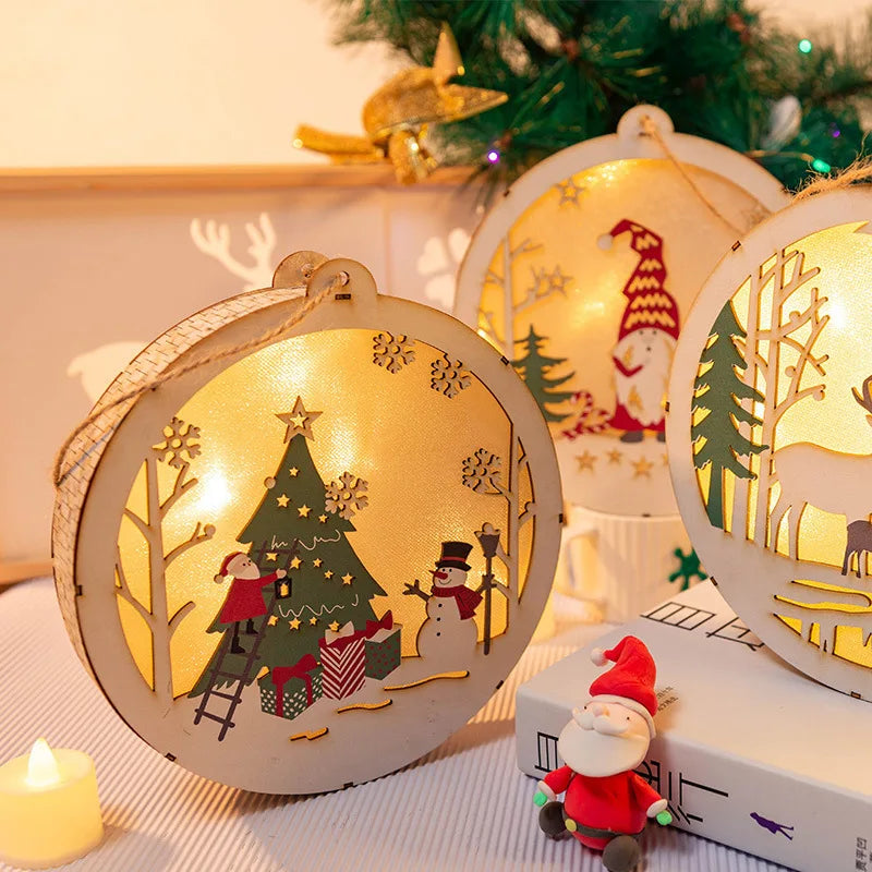 Christmas Decorations DIY Handmade House Luminous Wooden Ornaments Christmas Tree Snowman Atmosphere Pendant Send Light String-Serilas