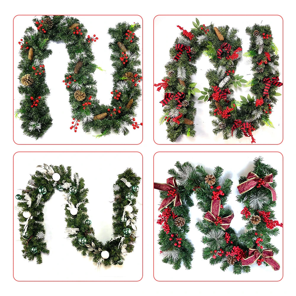 9 FT Long Christmas Garland Flexible PVC Hanging Pendant Artificial Christmas Garlands with Bowknot for Stairs Railing Fireplace-Serilas