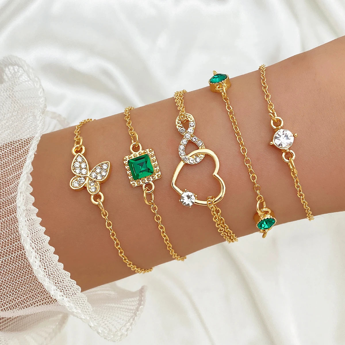 KISSWIFE Luxurious Green Crystal Butterfly Bracelet for Women  Heart Love Chain Bracelets Set Vintage Fashion Jewelry Gifts-Serilas