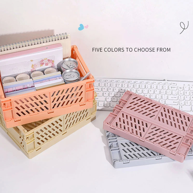 5 Color Organizing Storage Baskets Case Folding Student Desktop Basket Tape Stationery Plastic Foldable Container Storage Box-Serilas