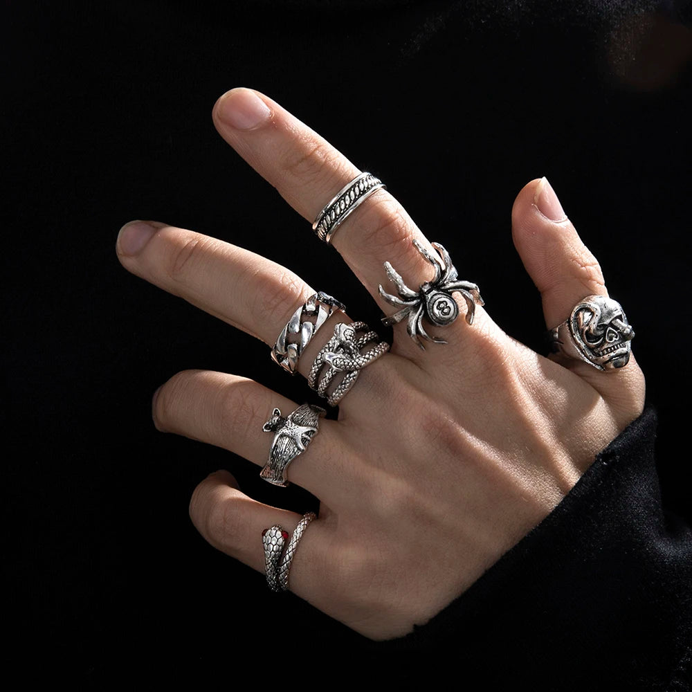 7Pcs/Set New Retro Hip-hop Dark Style Skull Spider Infinity Ring Creative Personal Metal Snake Ring Set-Serilas