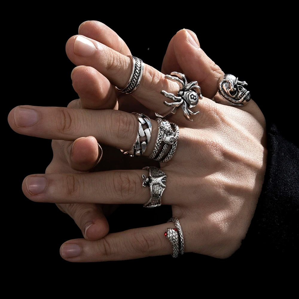 7Pcs/Set New Retro Hip-hop Dark Style Skull Spider Infinity Ring Creative Personal Metal Snake Ring Set-Serilas