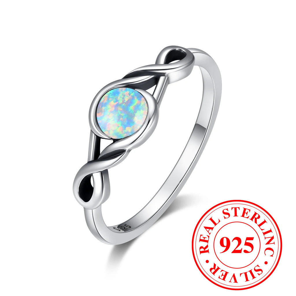 Female Cute Natural White Fire Opal Stone Round Infinity Ring Vintage Real 925 Sterling Silver Wedding Jewelry For Women-Serilas