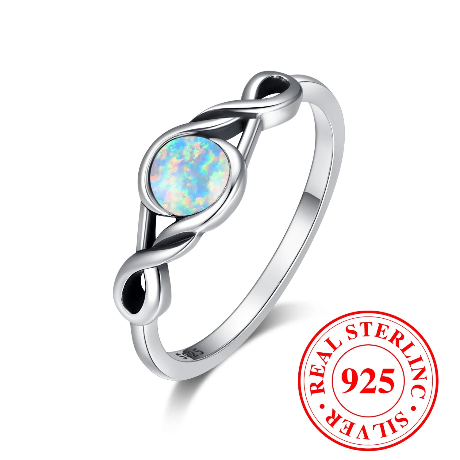 Female Cute Natural White Fire Opal Stone Round Infinity Ring Vintage Real 925 Sterling Silver Wedding Jewelry For Women-Serilas