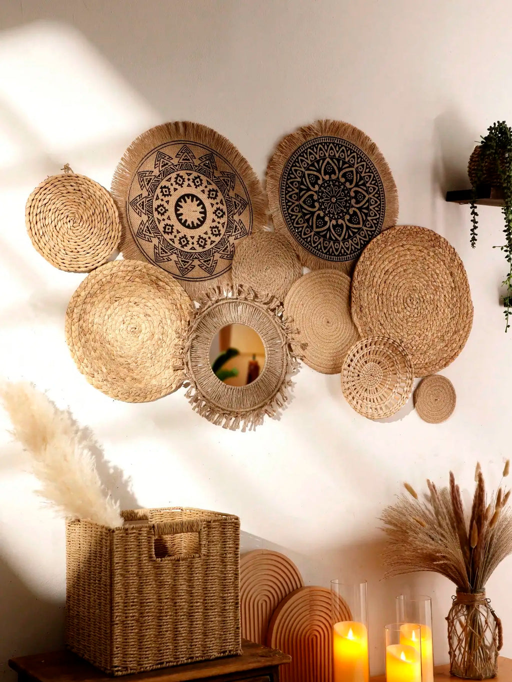 Hanging Woven Cloth Wall Basket Handmade Decorative Rustic Boho Wall Baskets Decor Home Farmhouse Wicker Round Seagrass Baskets-Serilas