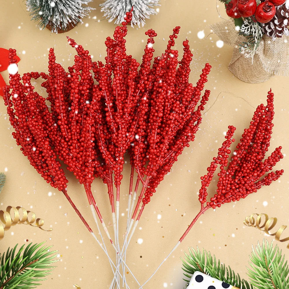 New Christmas Red Berries Branch Artificial Holly Berry Stamen Flowers Wreath for Xmas Tree Ornaments New Year Party Home Decor-Serilas