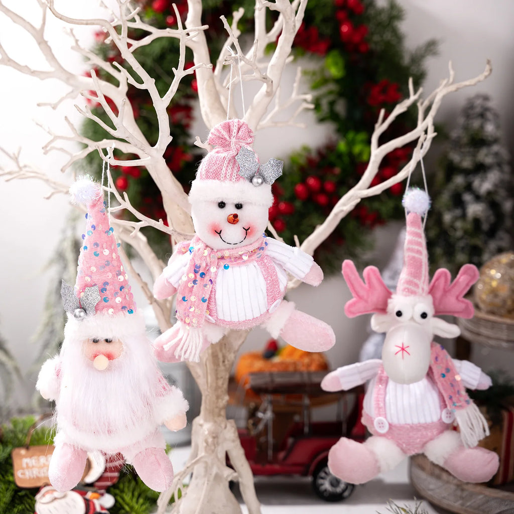 Christmas Decorations: Pink Sequined Scarf, Snowman, Pink Overalls, Reindeer, Pink Sequined Pointed Hat, Santa Claus Home Decor-Serilas