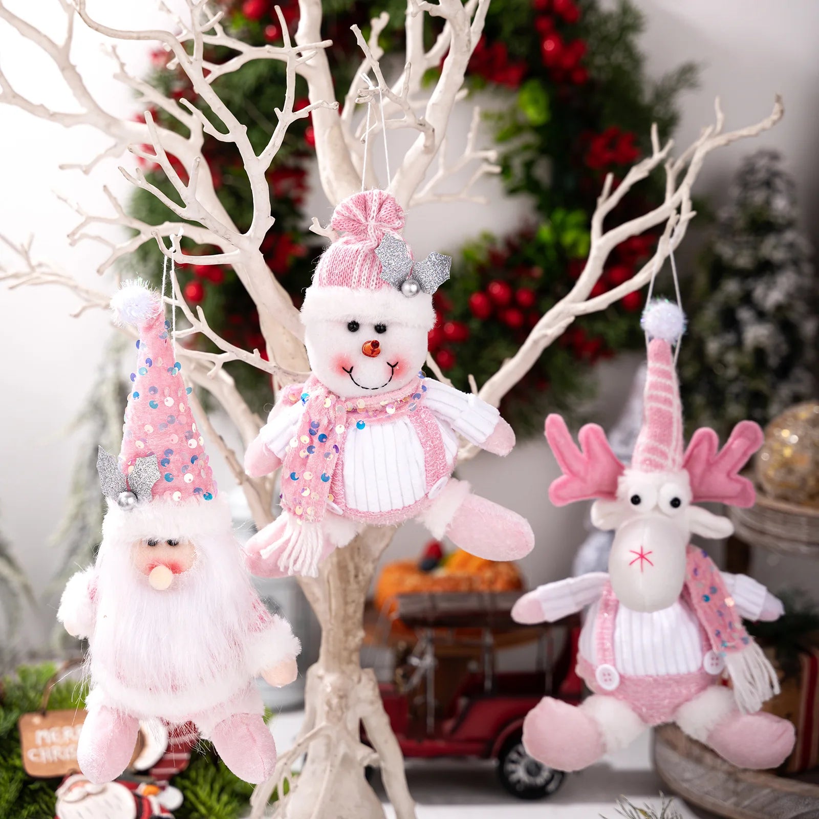 Christmas Decorations: Pink Sequined Scarf, Snowman, Pink Overalls, Reindeer, Pink Sequined Pointed Hat, Santa Claus Home Decor-Serilas