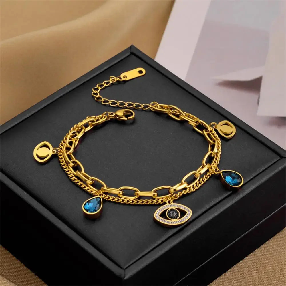 Stainless Steel Double Layer Evil Eye Charm Bracelet For Women Girl Luxury Vintage Bangle Birthday Party Wrist Jewelry Gift New-Serilas
