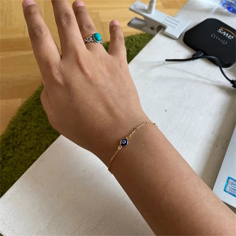 Simple Design Turkish Evil Eye Charm Bracelet for Women Boho Lucky Gold Color Copper Chain Adjustable Bracelet Summer Jewelry-Serilas