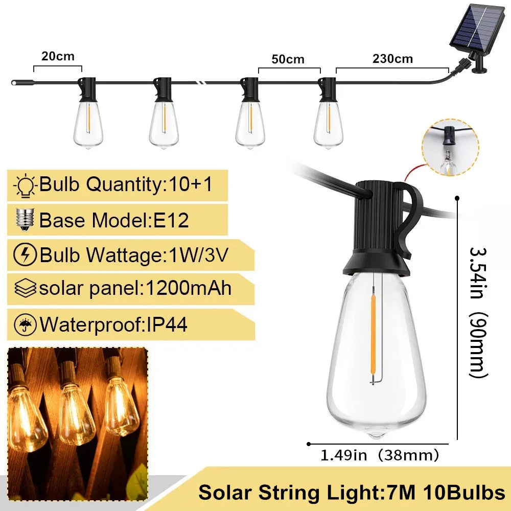 LED ST38 Solar String Lights for Outside, USB & Solar Dual Charging Outdoor String Lights for Porch Garden Camping-Serilas