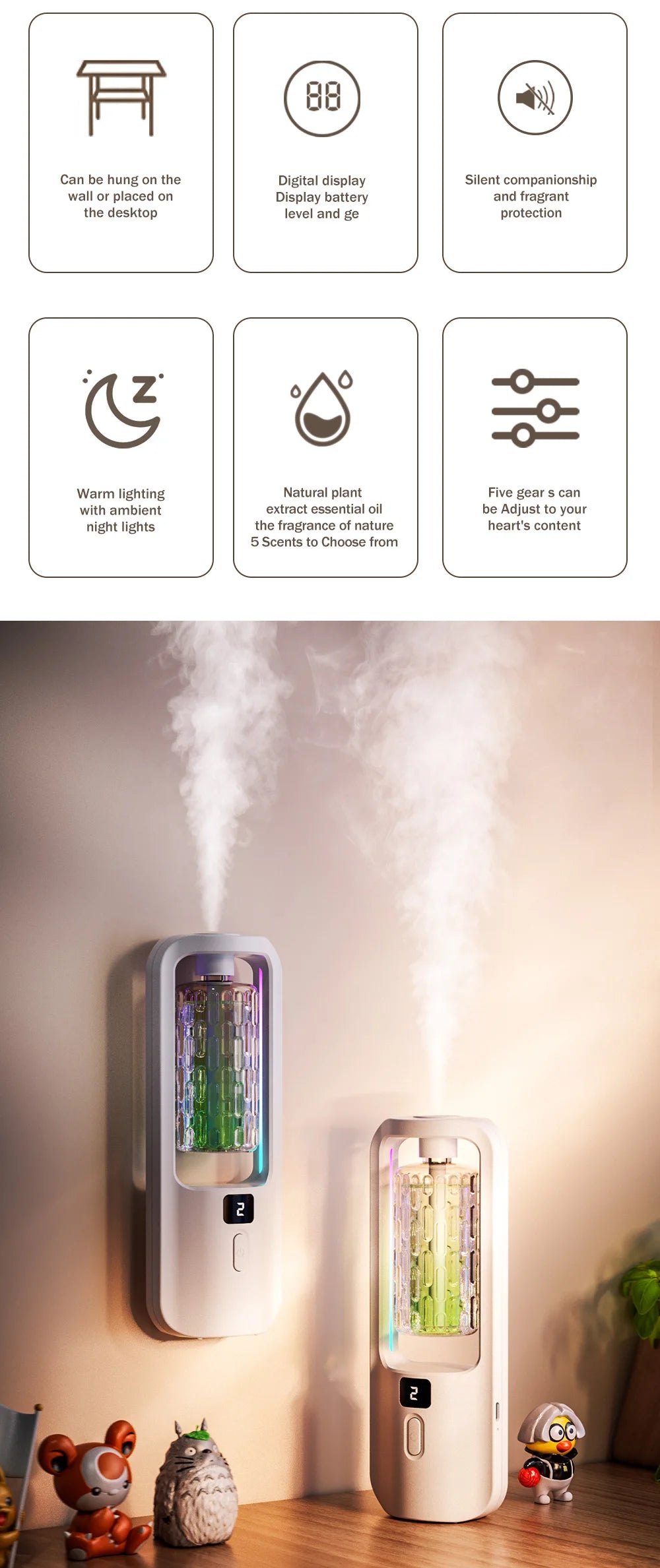 Automatic aromatherapy diffuser for eliminating odors, suitable for household use, with essential oil for air freshening.-Serilas