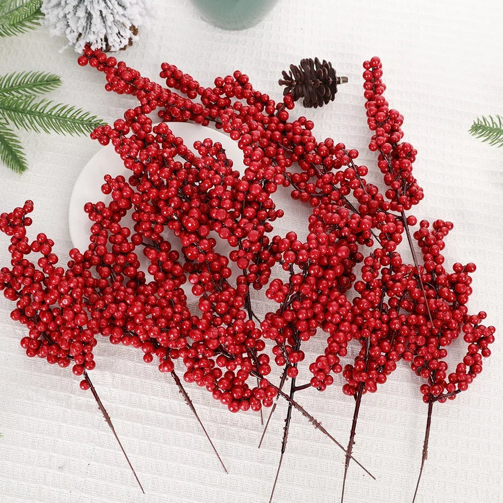 Christmas Red Berries Branch  Artificial Holly Berry Stamen Wreath DIY Foam Fake Flower Ornaments for Xmas Tree Party Home Decor-Serilas