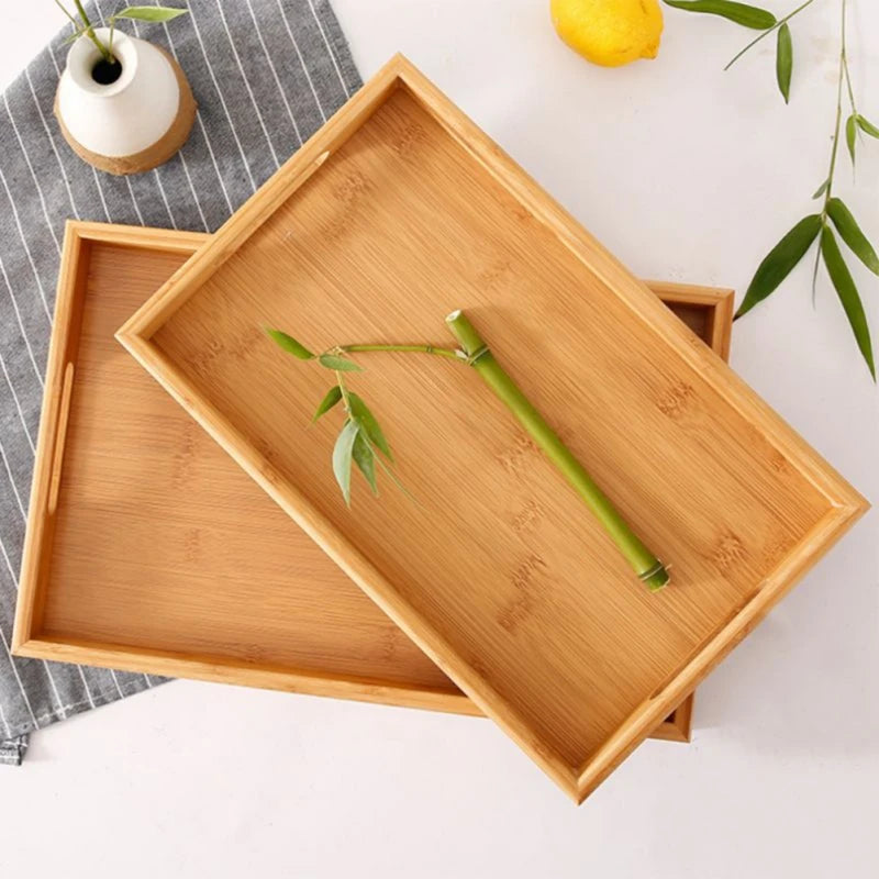 Wide Bamboo Organizer Tray Storage Bin with Handles for Cutlery Serving Spoons Cooking Utensils Teapot Teacup-Serilas