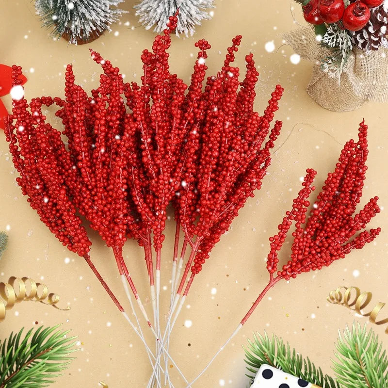 New Christmas Red Berries Branch Artificial Holly Berry Stamen Flowers Wreath for Xmas Tree Ornaments New Year Party Home Decor-Serilas