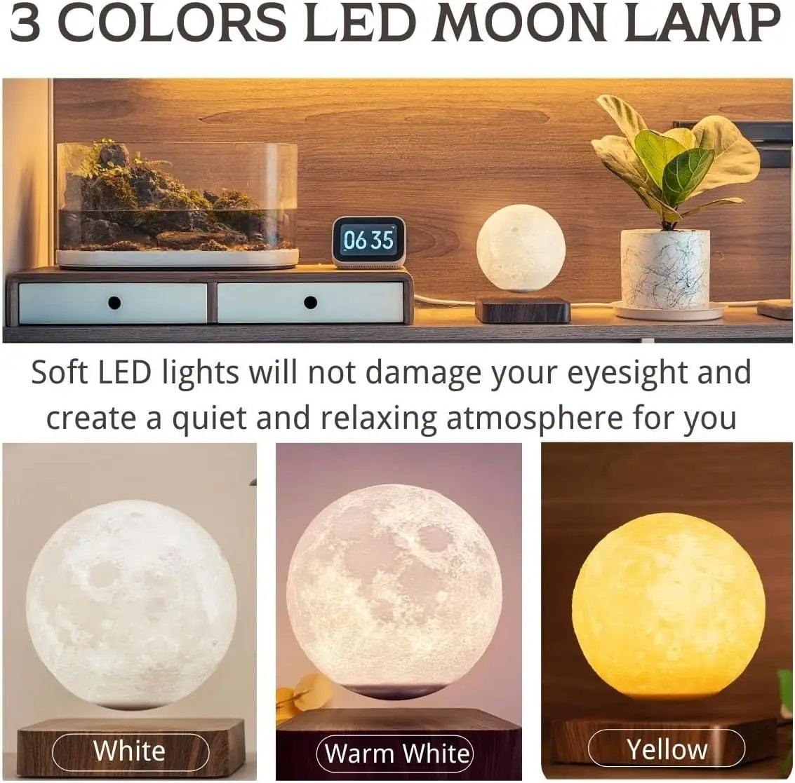 Levitating Moon Lamp, Magnetic Floating Moon Lamp Spinning Luna Night Light with 3 Color Modes, for Home Office Desk Decor,-Serilas