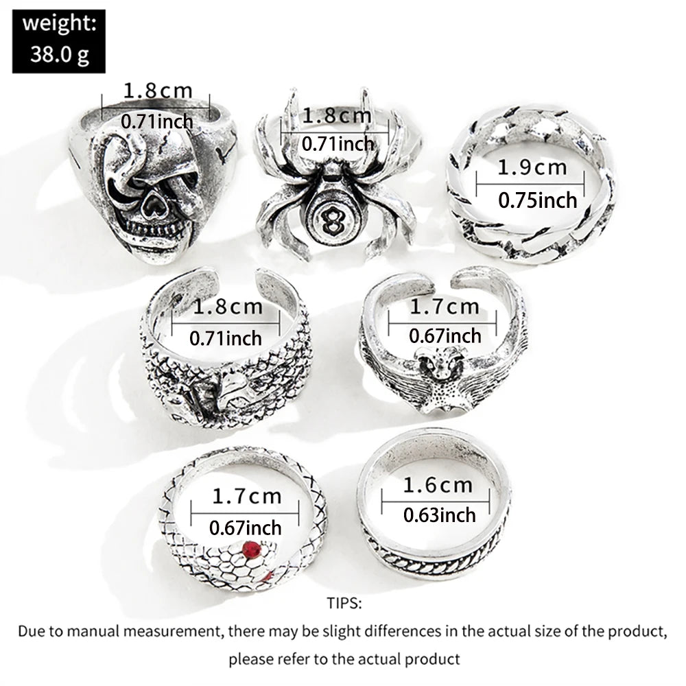 7Pcs/Set New Retro Hip-hop Dark Style Skull Spider Infinity Ring Creative Personal Metal Snake Ring Set-Serilas