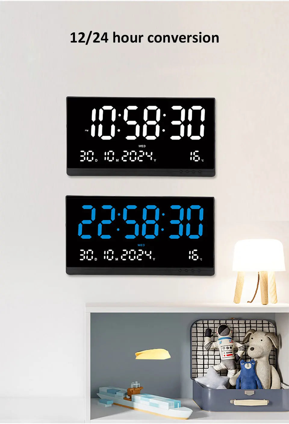 21 Inch Large Digital Wall Clock Large LED Screen Display Clock with Time/Date/Week/Temperature 12/24H Adjustable Brightness-Serilas