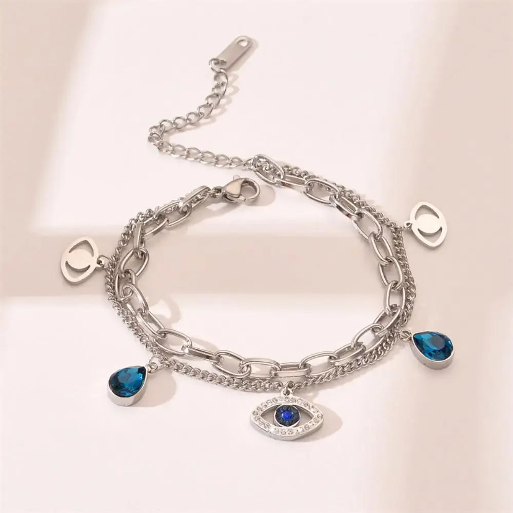 Stainless Steel Double Layer Evil Eye Charm Bracelet For Women Girl Luxury Vintage Bangle Birthday Party Wrist Jewelry Gift New-Serilas