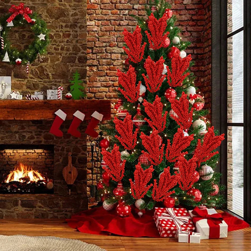 New Christmas Red Berries Branch Artificial Holly Berry Stamen Flowers Wreath for Xmas Tree Ornaments New Year Party Home Decor-Serilas