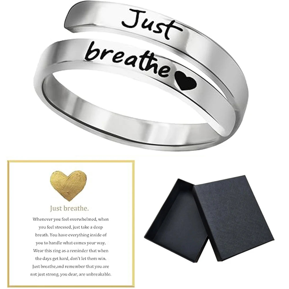 Just Breathe Heart Ring for Women Men, Stainless Steel Spiral Wrap Healing Rings, Inspirational Heart felt Gifts with Box-Serilas