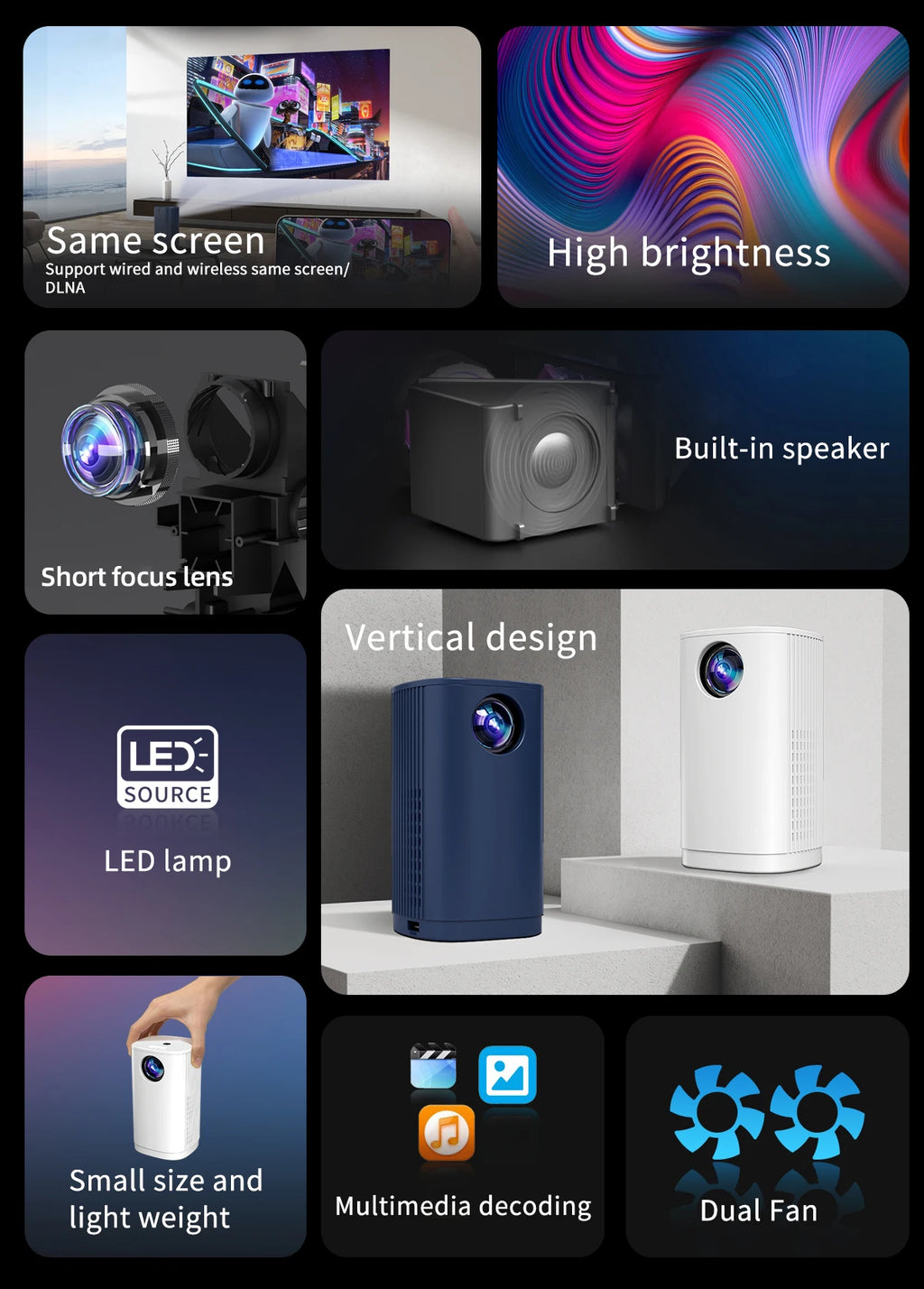 Smart Projector WIFI Mini Portable Home Theater Mobile Phone Same Screen Projector Support 4K LED Home Video Projector &Speaker-Serilas