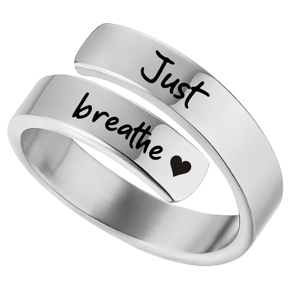 Just Breathe Heart Ring for Women Men, Stainless Steel Spiral Wrap Healing Rings, Inspirational Heart felt Gifts with Box-Serilas