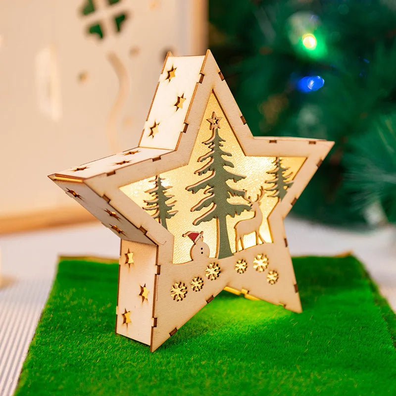Christmas Decorations DIY Handmade House Luminous Wooden Ornaments Christmas Tree Snowman Atmosphere Pendant Send Light String-Serilas