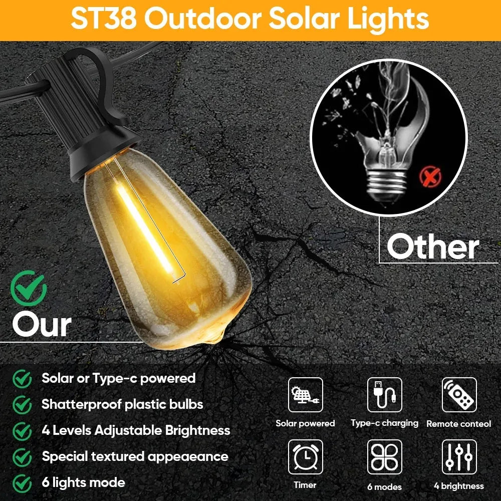 LED ST38 Solar String Lights for Outside, USB & Solar Dual Charging Outdoor String Lights for Porch Garden Camping-Serilas