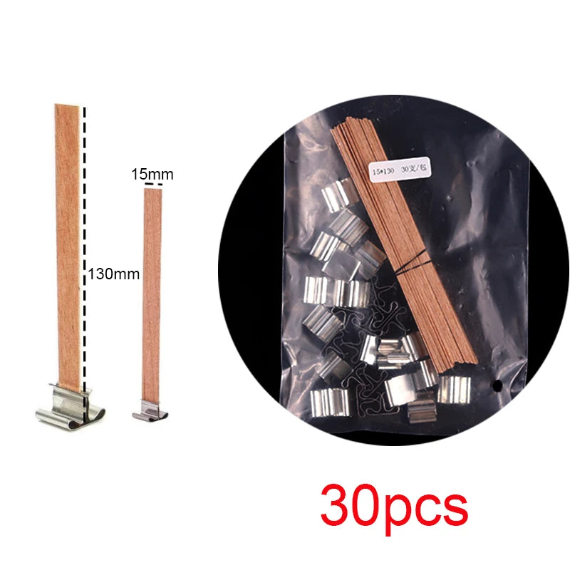 30pcs Wooden Candles Wick for DIY Paraffin Candle Jar Making Kit Candle Core with Clip Base Handmade Smokeless Candle Wick Cores-Serilas
