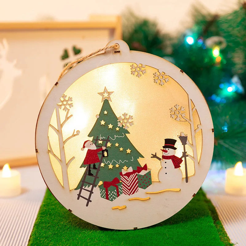 Christmas Decorations DIY Handmade House Luminous Wooden Ornaments Christmas Tree Snowman Atmosphere Pendant Send Light String-Serilas