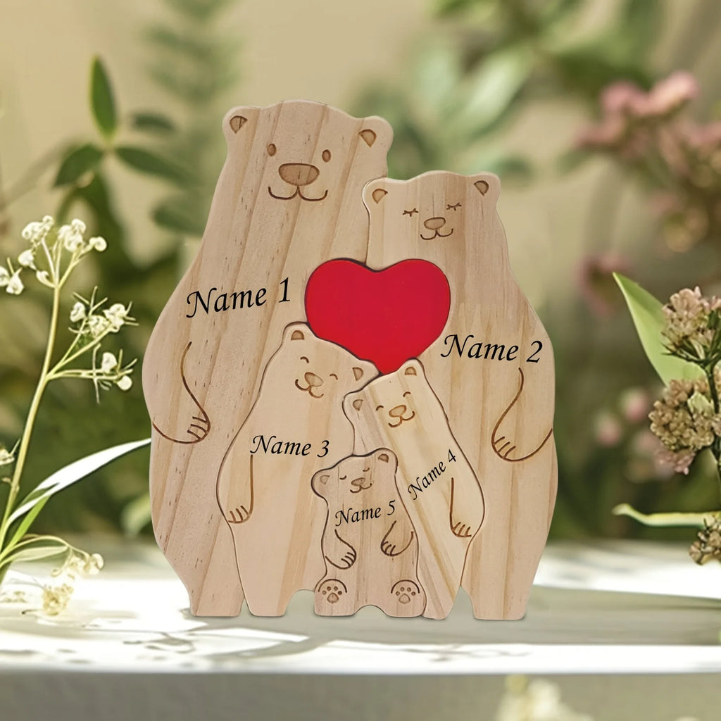 Personalized Family Bear Puzzle Decor Custom Names Fits 2-6 Names Rustic Wooden Bears Seasonal Décor for Mother's & Father's Day-Serilas