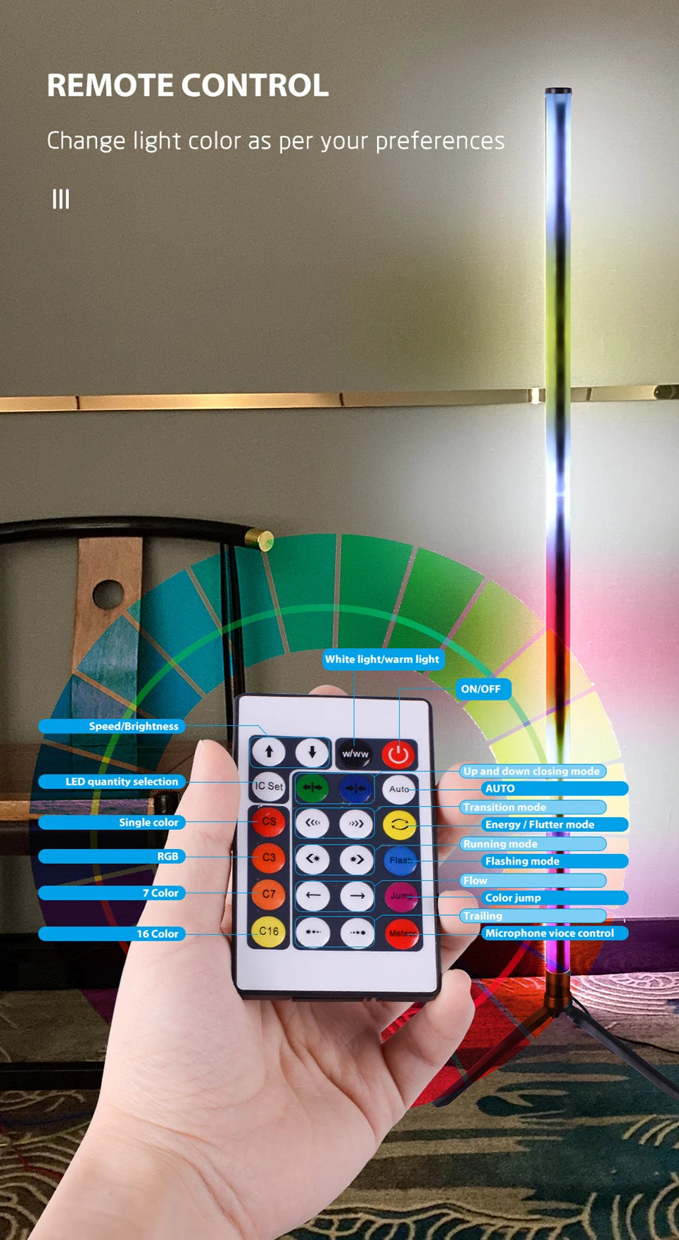 RGB LED Floor Lamp Remote APP Control Music Sync Corner Mood Lighting Smart Modern Mood Standing Lights for Bedroom Living Room-Serilas