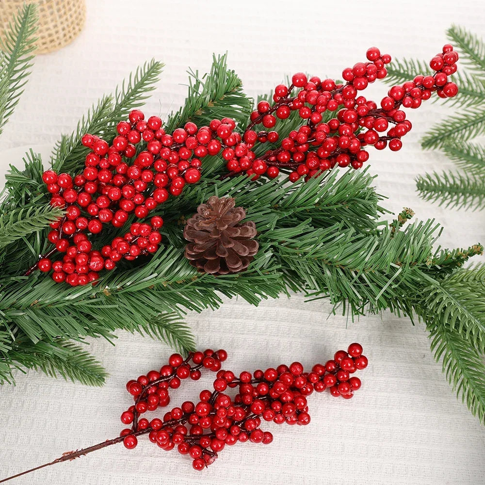 Christmas Red Berries Branch  Artificial Holly Berry Stamen Wreath DIY Foam Fake Flower Ornaments for Xmas Tree Party Home Decor-Serilas