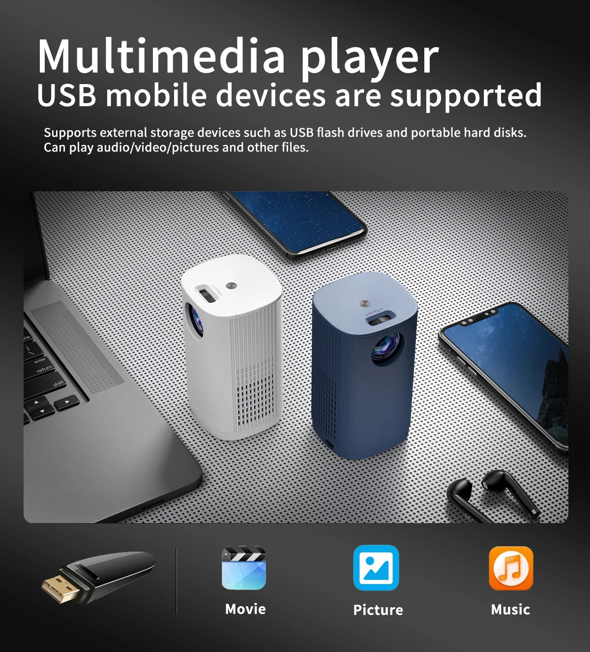 Smart Projector WIFI Mini Portable Home Theater Mobile Phone Same Screen Projector Support 4K LED Home Video Projector &Speaker-Serilas