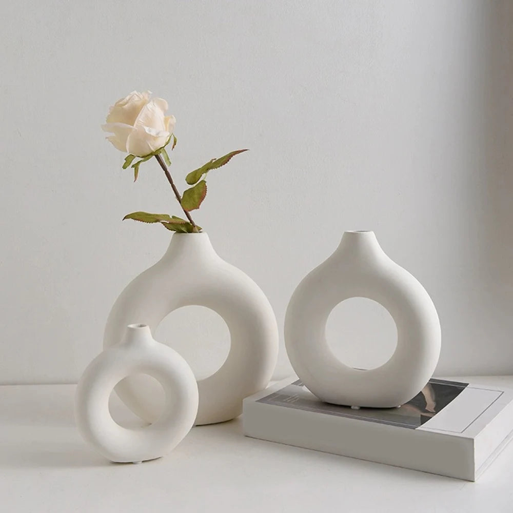 Nordic Vase Circular Hollow Ceramic Flower Vase For Home Living Room Decoration Accessories Interior Office Desktop Decor Gift-Serilas