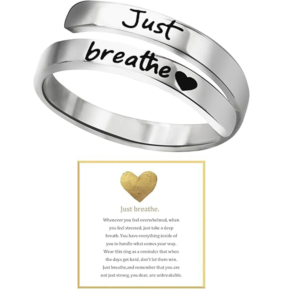 Just Breathe Heart Ring for Women Men, Stainless Steel Spiral Wrap Healing Rings, Inspirational Heart felt Gifts with Box-Serilas