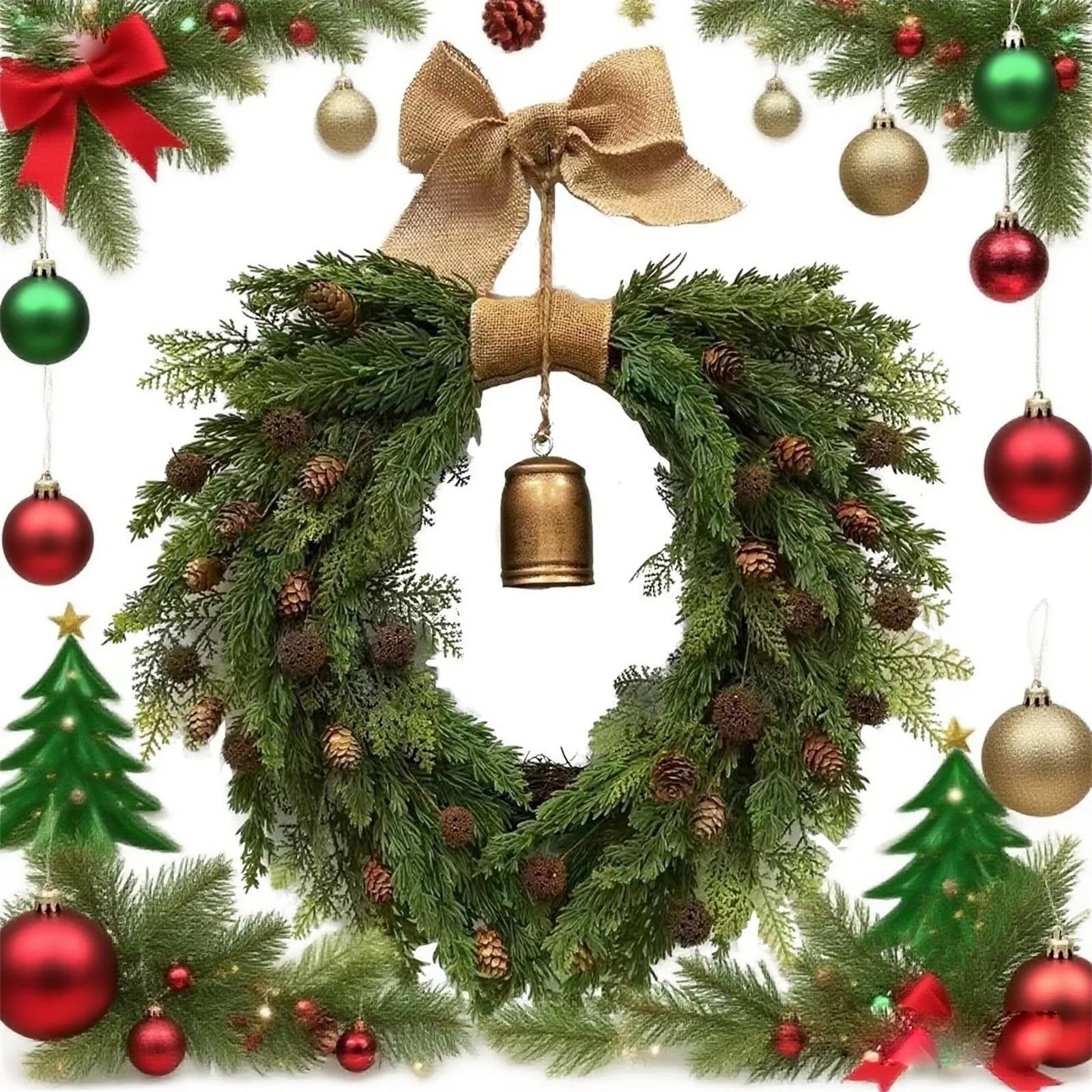 Christmas Beautiful Wreath Decoration Rustic Hanging Artificial Garland For Front Door Festival Family Atmosphere Celebrate Prop-Serilas