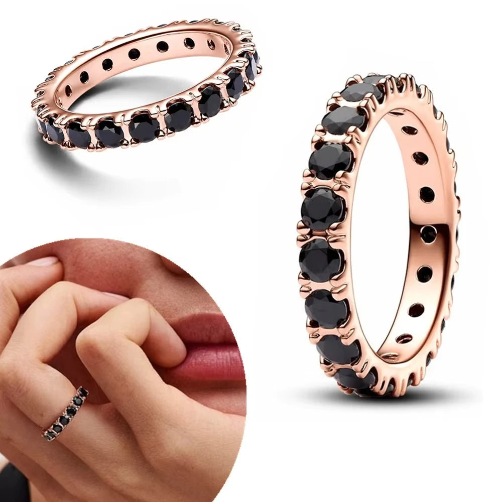 925 Silver Black Sparkling Eternity Ring Pink Heart Design – Women’s CZ Wedding Jewelry JZ017-Serilas