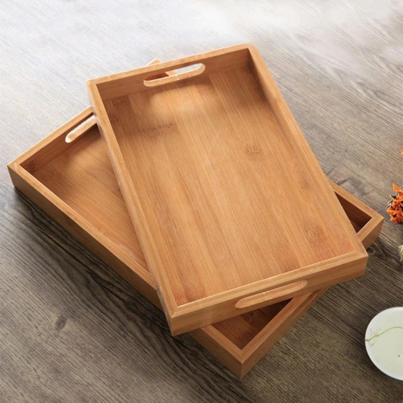 Wide Bamboo Organizer Tray Storage Bin with Handles for Cutlery Serving Spoons Cooking Utensils Teapot Teacup-Serilas