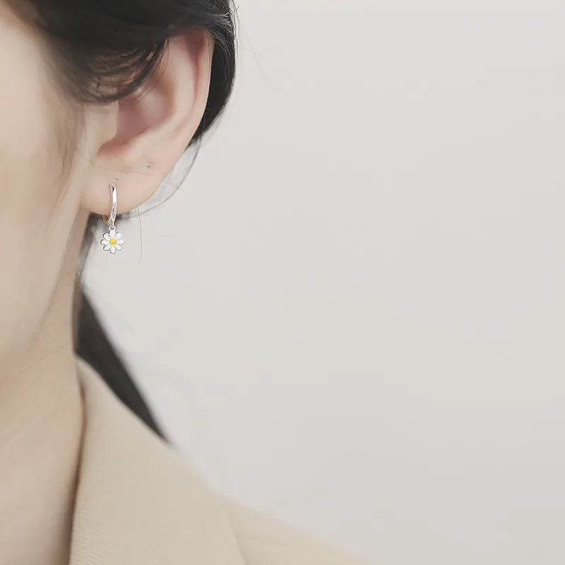 SOFTPIG Real 925 Sterling Silver Flower Pendant Hoop Earrings For Women Cute Plant Fine Jewelry Minimalist Accessories-Serilas