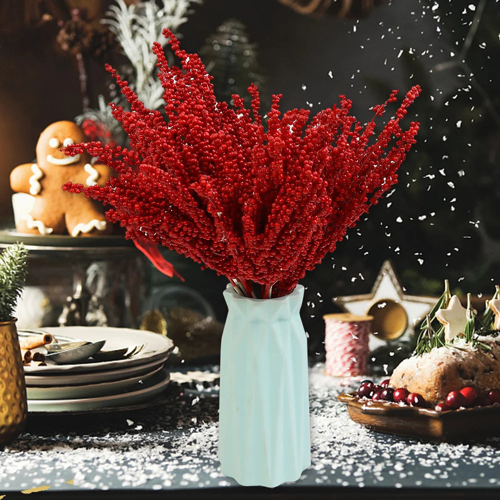 New Christmas Red Berries Branch Artificial Holly Berry Stamen Flowers Wreath for Xmas Tree Ornaments New Year Party Home Decor-Serilas
