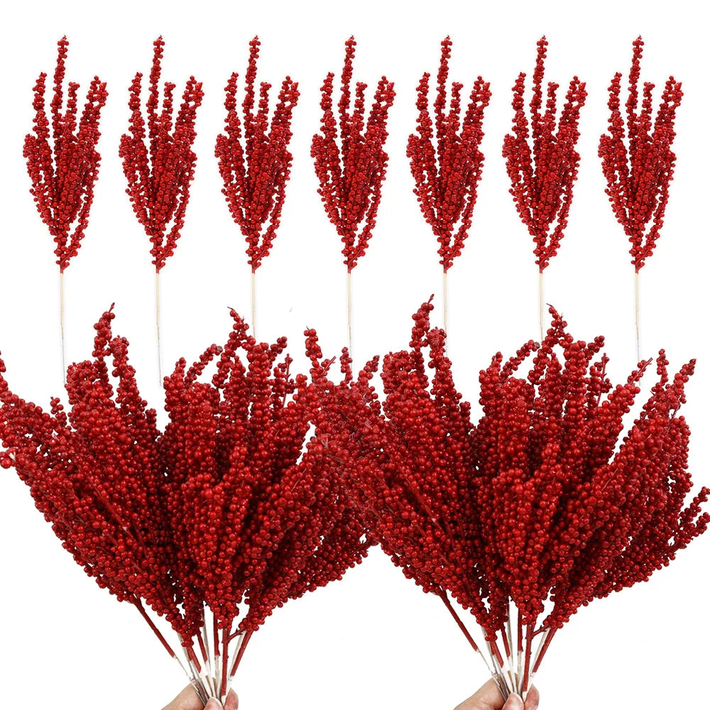 New Christmas Red Berries Branch Artificial Holly Berry Stamen Flowers Wreath for Xmas Tree Ornaments New Year Party Home Decor-Serilas