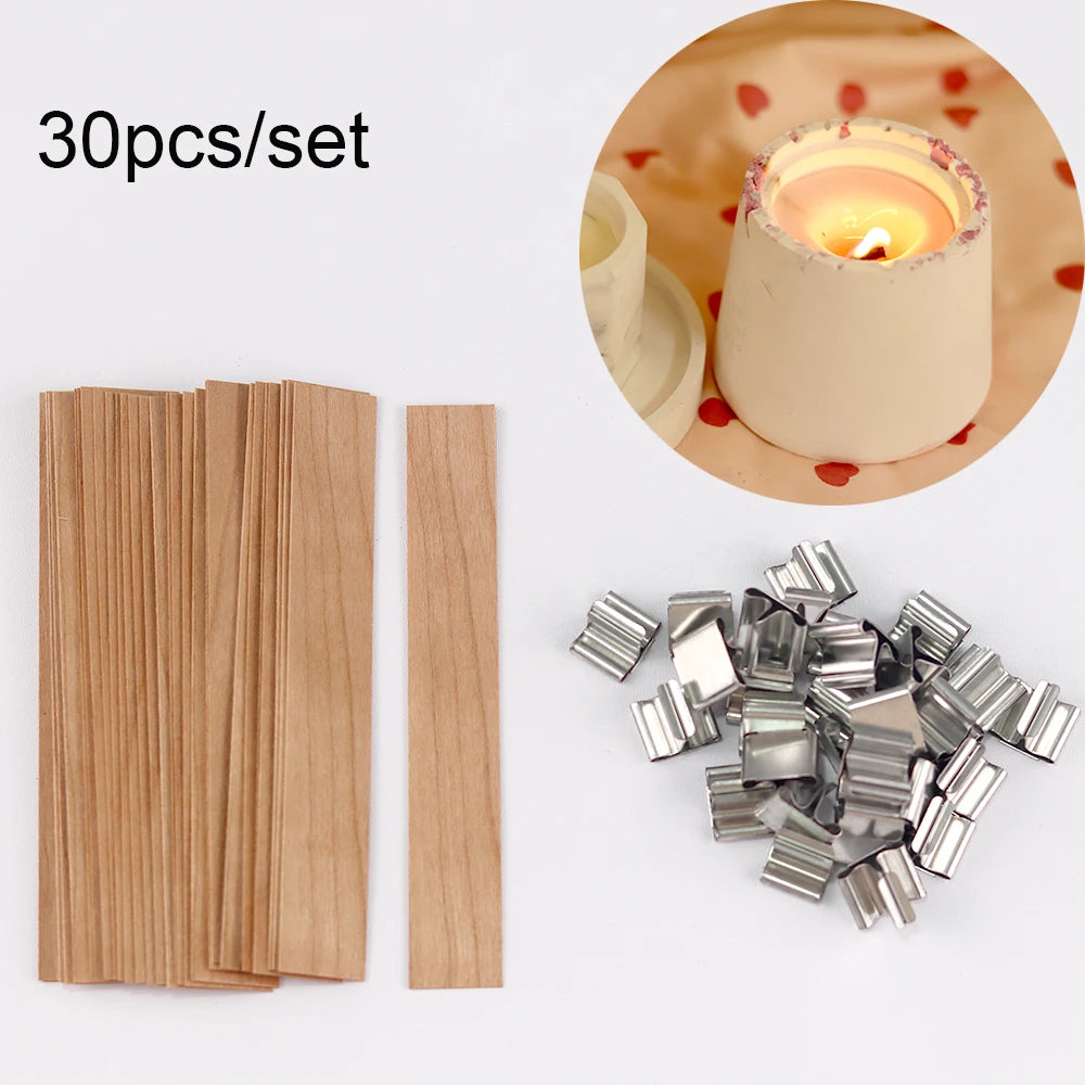 30pcs Wooden Candles Wick for DIY Paraffin Candle Jar Making Kit Candle Core with Clip Base Handmade Smokeless Candle Wick Cores-Serilas